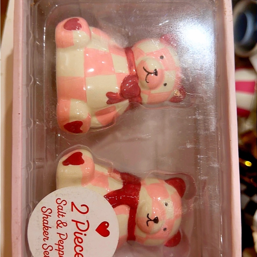 Valentine Checkered Bear Salt & Pepper Shakers - Pink & Cream